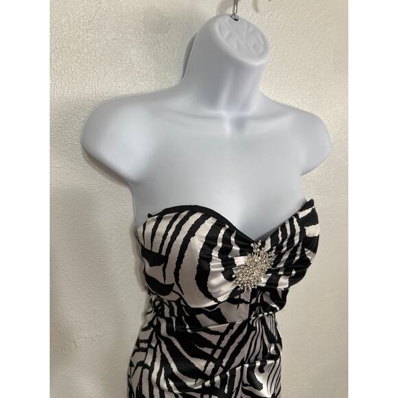 VTG 90s Y2K Cache Strapless Mermaid Maxi Dress Sz0 Black White Palms Ruched Prom - Picture 5 of 16